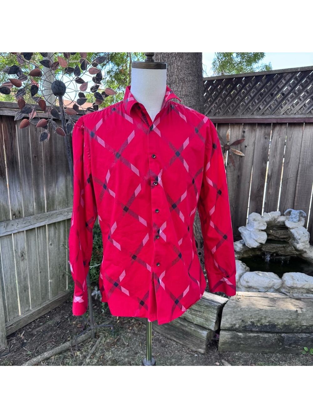 De Niko Button Down Long Sleeve Dress Shirt Red Geometric Pattern Men's XL